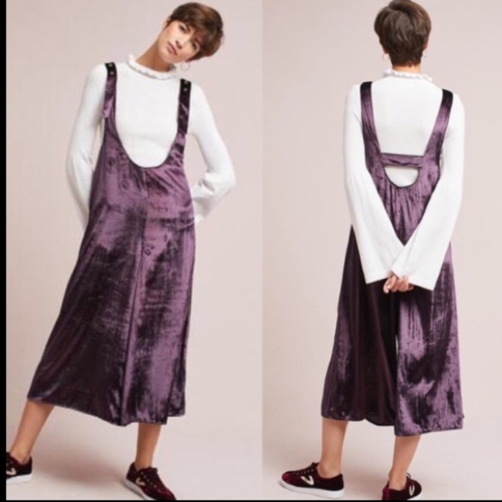 Anthropologie Maeve Purple Velvet Cropped Jumpsuit